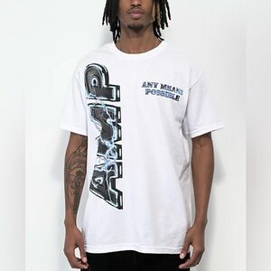 NWT AMP ANY MEANS POSSIBLE CHARGED UP WHITE/BLUE SHORT SLEEVE TEE SHIRT MENS XL